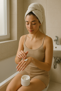 Image of Women in Bathroom Applying Hand Cream